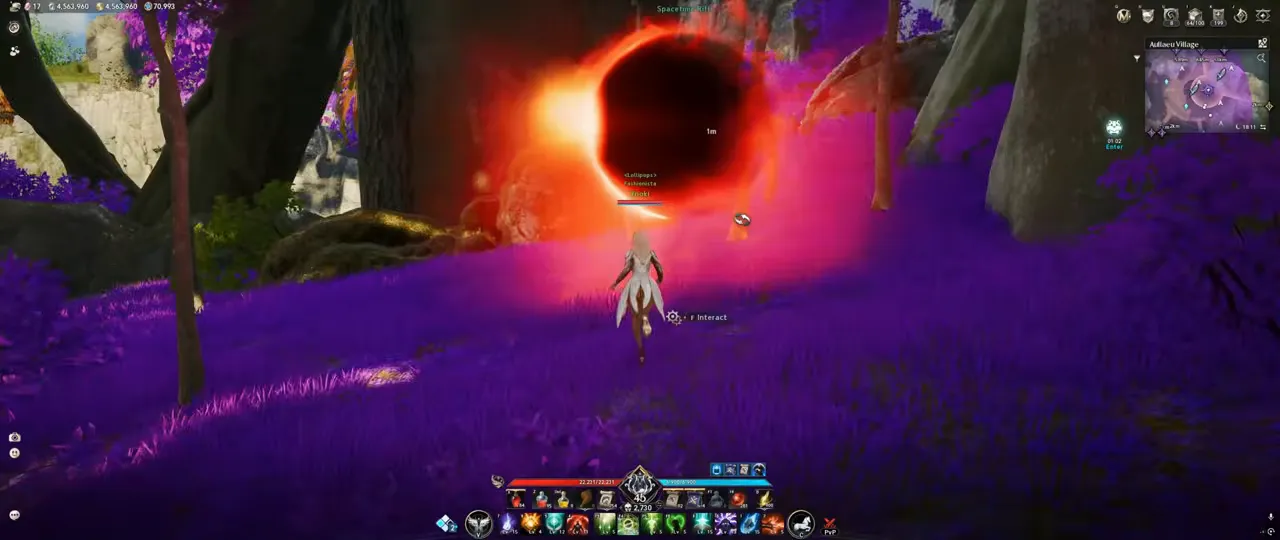 El portal de la grieta (Spacetime Rift) en el mundo: una esfera roja y negra con el aviso para interactuar