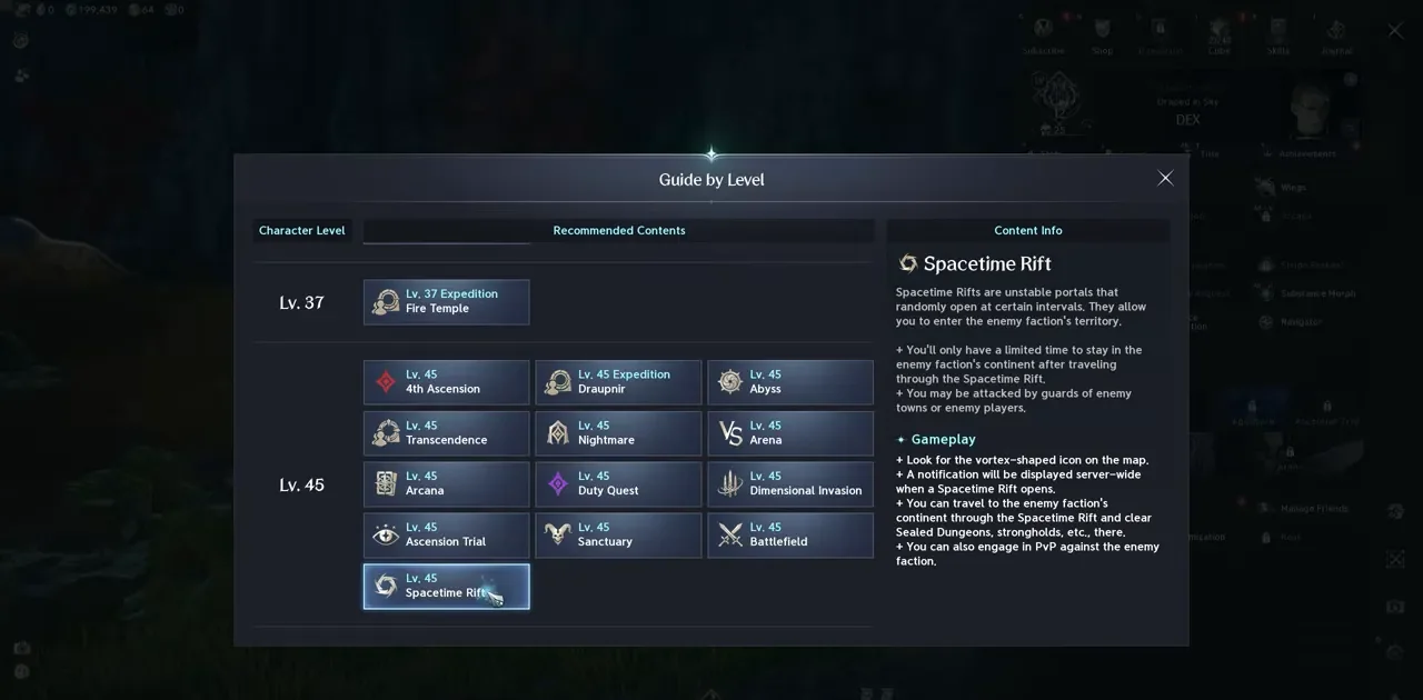 La ventana Guide by Level del cliente Global: Spacetime Rift, contenido de nivel 45, con su descripción y los pasos