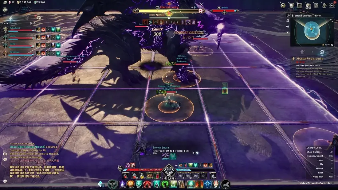 Eternal Ludra en la arena de Abyssal Forge: la grilla del piso con círculos naranjas bajo los jugadores