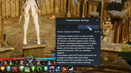 La ventana Combat Status Settings del cliente Global, con las pestañas PvE y PvP y las reglas del cambio